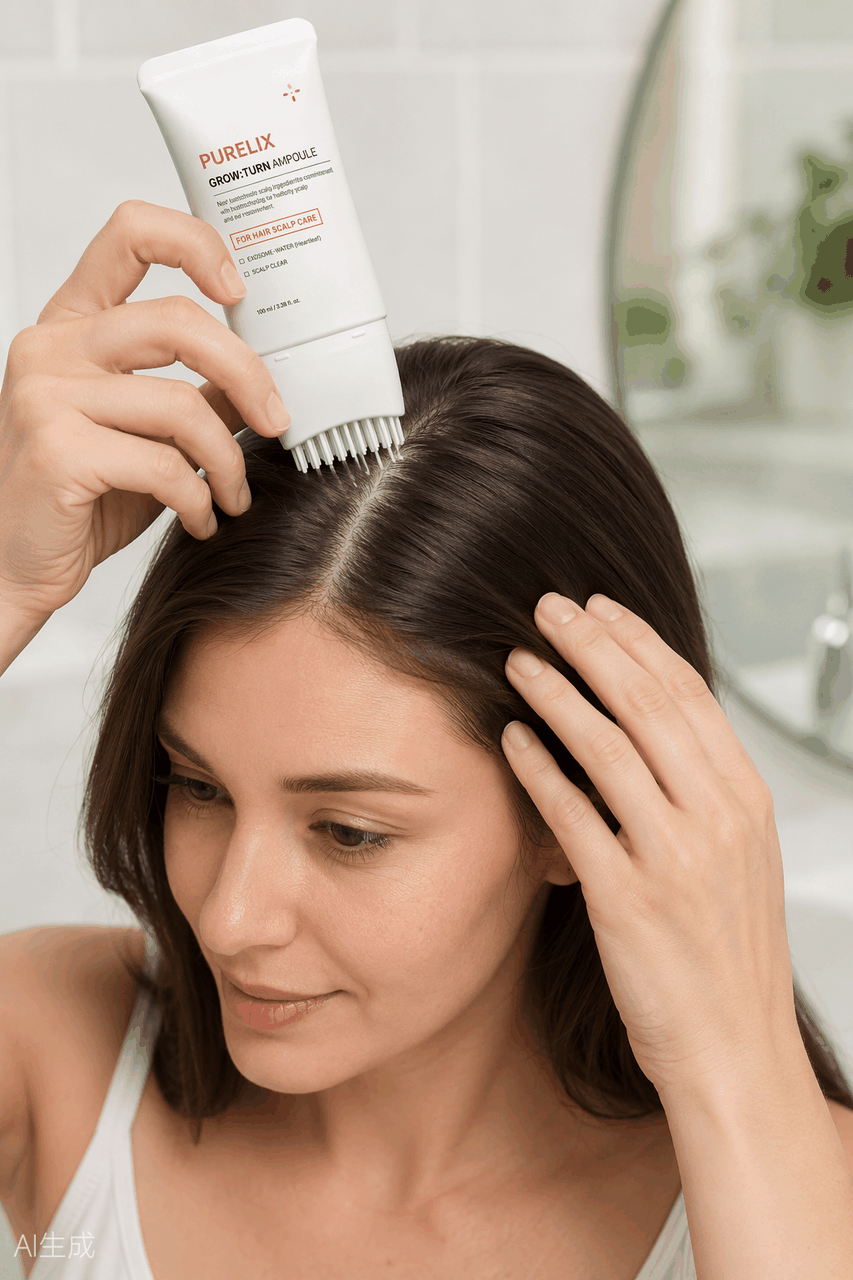 Distributing the serum along the hair part