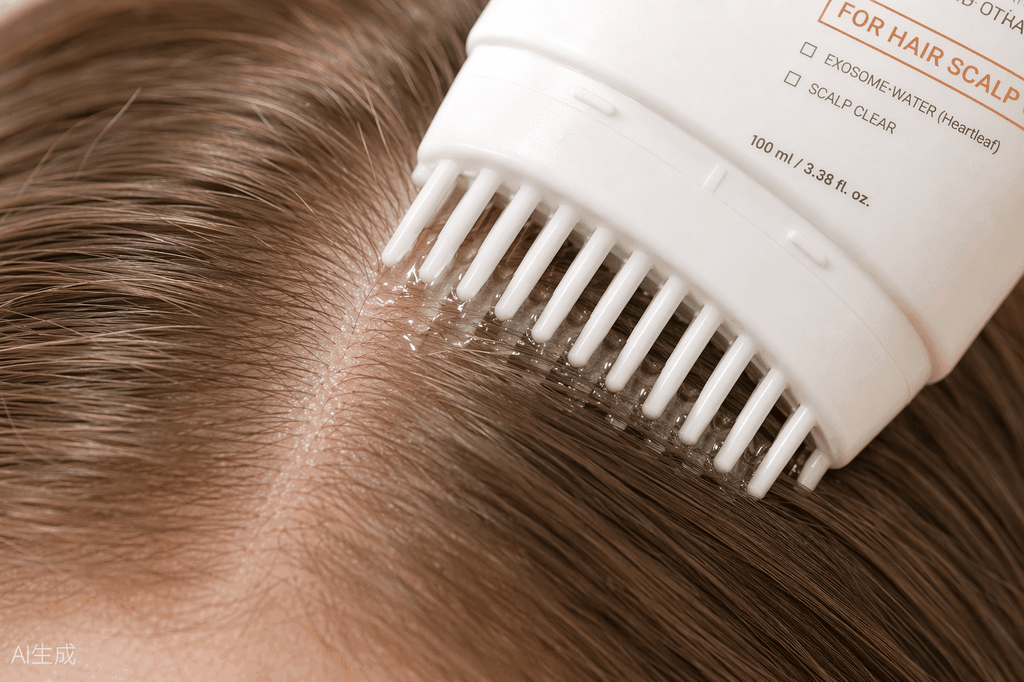 Brush applicator parting the hair along the part line